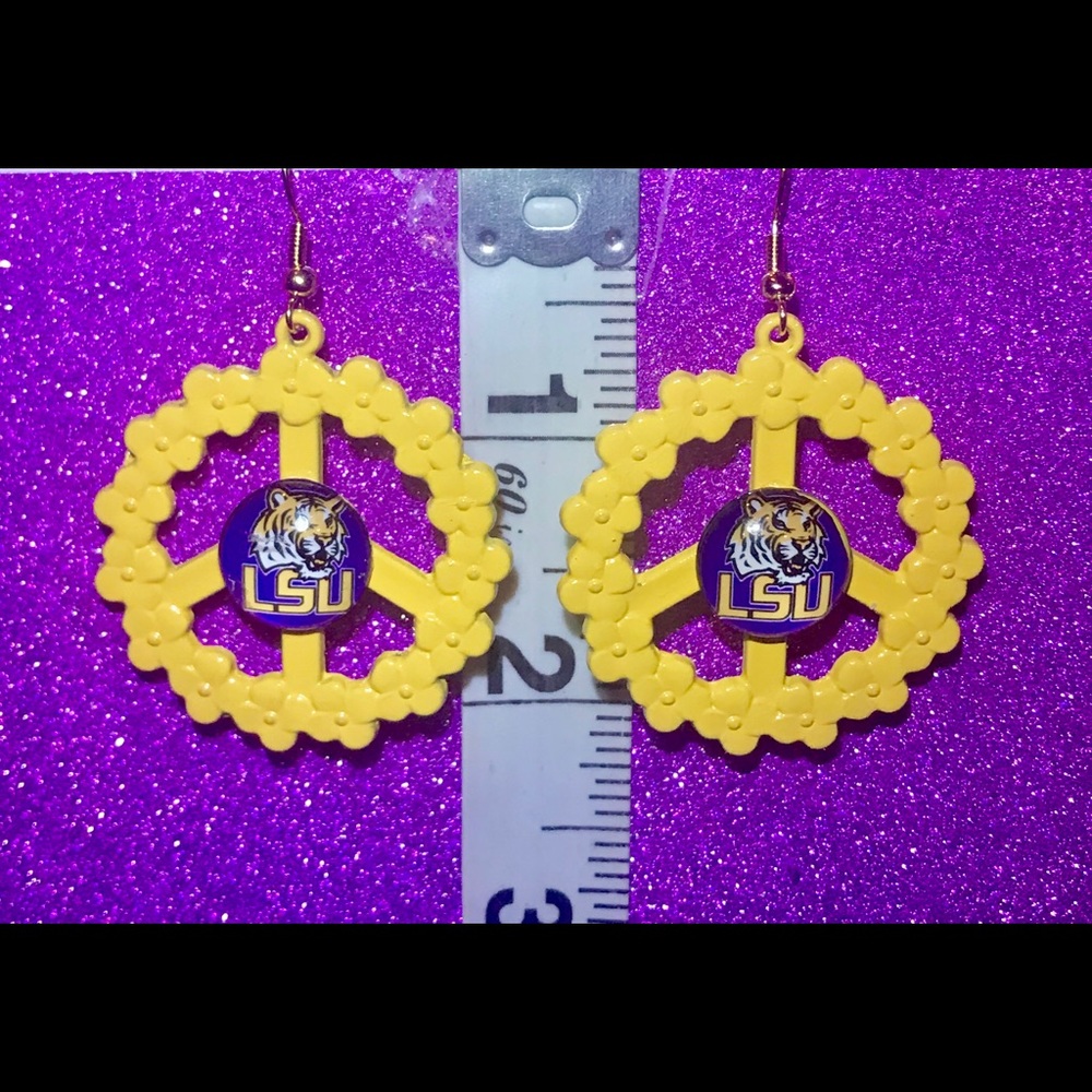 Flowered Peace Sign GoldYellow LSU Tigers earrings